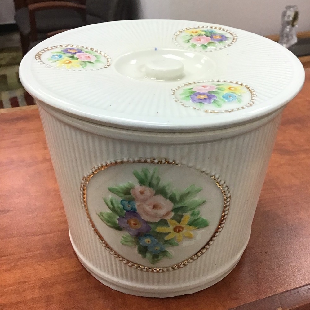 Antique Porcelain Ribbed Floral Biscuit Decorative Canister